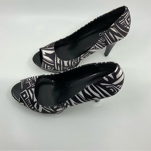 K Studio Black and White Peep Toe Platform Pumps